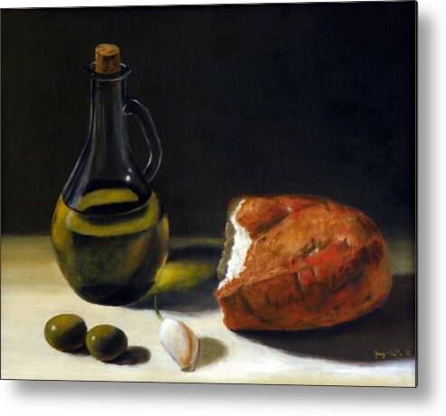 Still Life Metal Print featuring the painting Olive oil and bread by George Tuffy