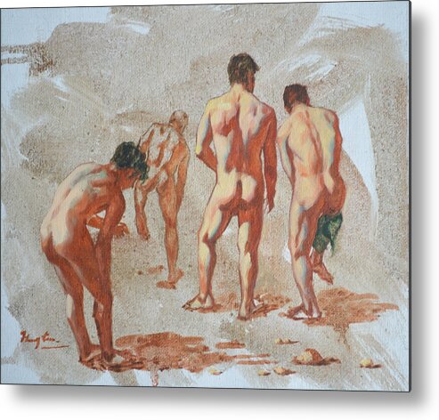 Original Art Metal Print featuring the painting Original Sketch Oil Painting Artwork Male Nude Man Gay Interest On Canvas #9-019-2 by Hongtao Huang