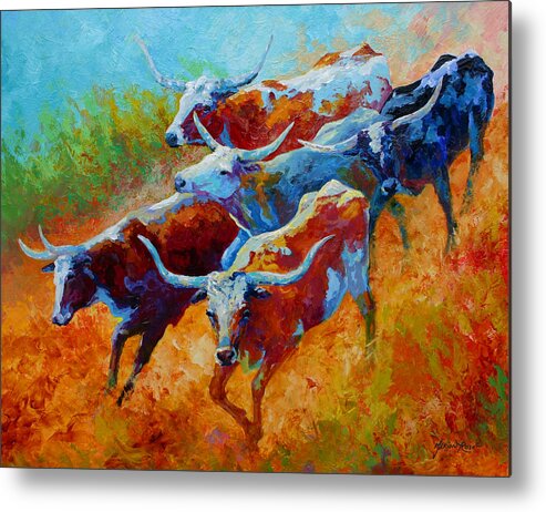 Western Metal Print featuring the painting Over The Ridge - Longhorns by Marion Rose