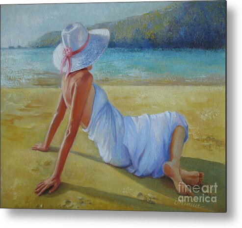 Woman Metal Print featuring the painting Peaceful moments by Elena Oleniuc