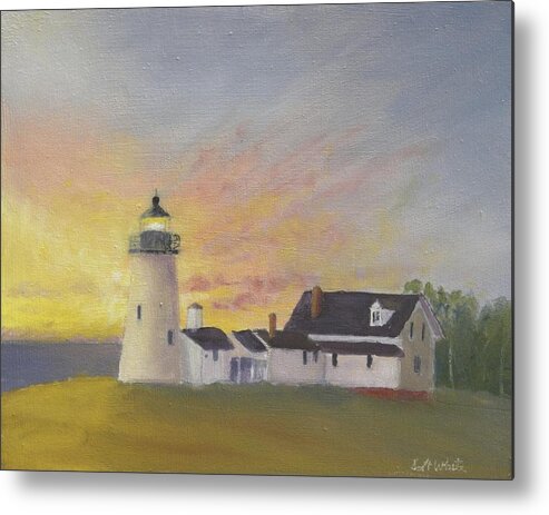 Sunrise Lighthouse Ocean Landscape Maine Pemaquid Point Bristol Metal Print featuring the painting Pemaquid's First Light by Scott W White