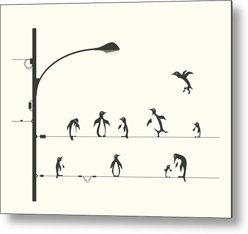 Penguin Art Metal Print featuring the digital art Penguins On A Wire by Jazzberry Blue