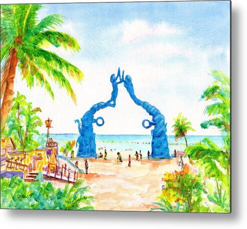 Playa Del Carmen Metal Print featuring the painting Playa del Carmen Portal Maya Statue by Carlin Blahnik CarlinArtWatercolor