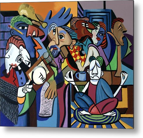 Poets Unleashed Men Talking Reading Yoga Coffee Chicken The Cubism Cubestraction Bench Impressionist Expressionism Large Giclee Canvas Print Poster Original Oil Painting On Canvas Anthony Falbo Falboart   Metal Print featuring the painting Poets Unleashed by Anthony Falbo