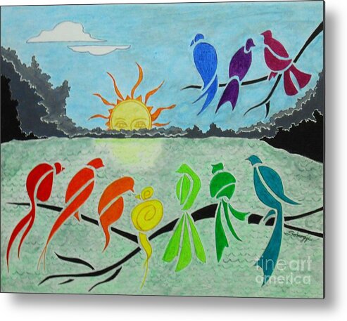 Rainbow Birds Metal Print featuring the painting Rainbow Birds Sunrise -- Stylized Birds on Branches in Rainbow Colors by Jayne Somogy