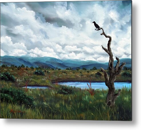 California Metal Print featuring the painting Raven in a Bleak Landscape by Laura Iverson
