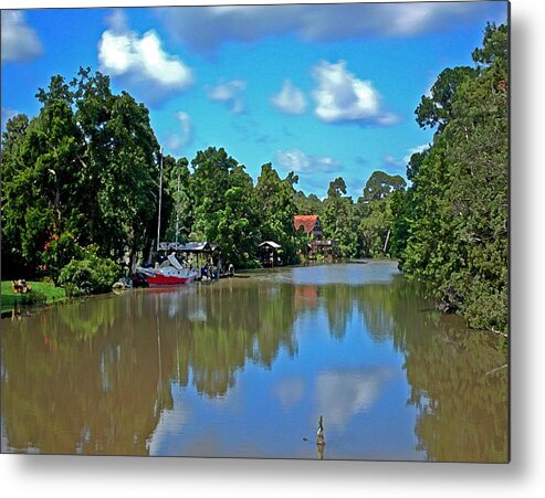 Sailboat Metal Print featuring the painting Red Boat and the Magnolia River by Michael Thomas