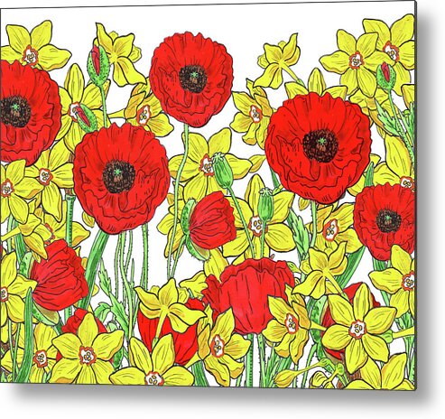 Yellow Metal Print featuring the painting Red Poppies Yellow Daffodils Watercolor Pattern by Irina Sztukowski