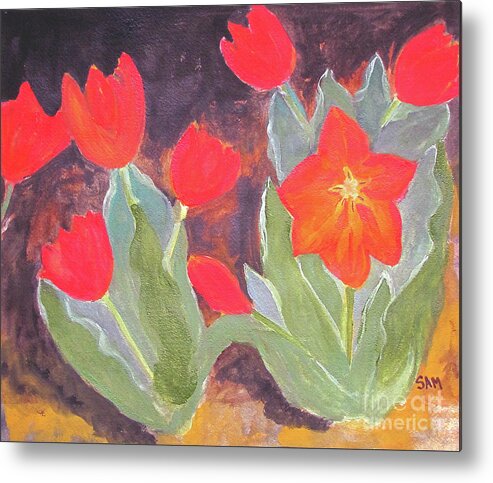 Red Metal Print featuring the painting Red Tulips by Sandy McIntire