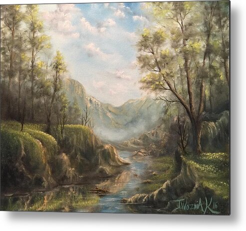 Landscape Lake Mountains Rocky Ridge Trees Oak Pine Nature Wild Secluded Country Metal Print featuring the painting Reflections of calm by Justin Wozniak