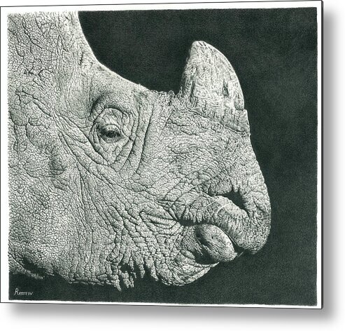 Rhino Metal Print featuring the drawing Rhino Pencil Drawing by Casey 'Remrov' Vormer