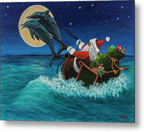 Santa Metal Print featuring the painting Riding The Waves With Santa by Darice Machel McGuire