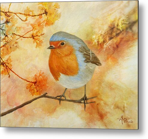 Robin Metal Print featuring the painting Robin Among Flowers by Angeles M Pomata