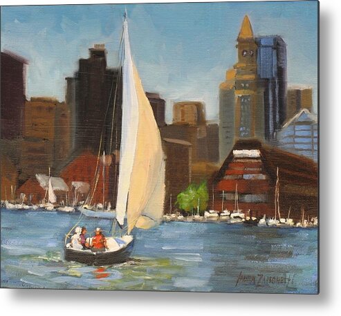 Oil Painting Metal Print featuring the painting Sailing Boston Harbor by Laura Lee Zanghetti