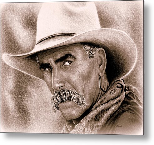 Sam Elliot Metal Print featuring the drawing Sam Elliot Cowboy sepia by Andrew Read