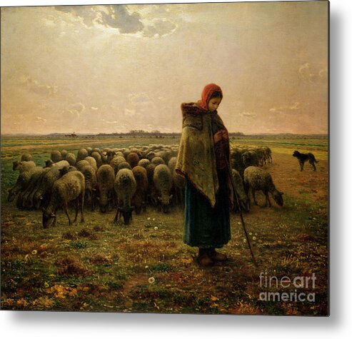 Shepherdess Metal Print featuring the painting Shepherdess with her Flock by Jean Francois Millet