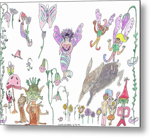 Rabbit Metal Print featuring the painting Shoe Tree Rabbit and Fairies by Helen Holden-Gladsky