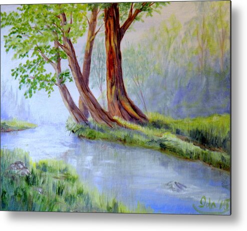 Creek River Water Trees Grass Bush Leaves Forest Branches Mist Sunlight Shadow Reflection Rocks Flow Landscape Mood Brown Green Blue Violet Yellow Green Orange Metal Print featuring the painting Snootli Creek Study by Ida Eriksen