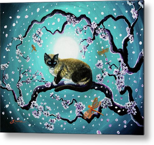 Siamese Metal Print featuring the painting Snowshoe Cat and Dragonfly in Sakura by Laura Iverson
