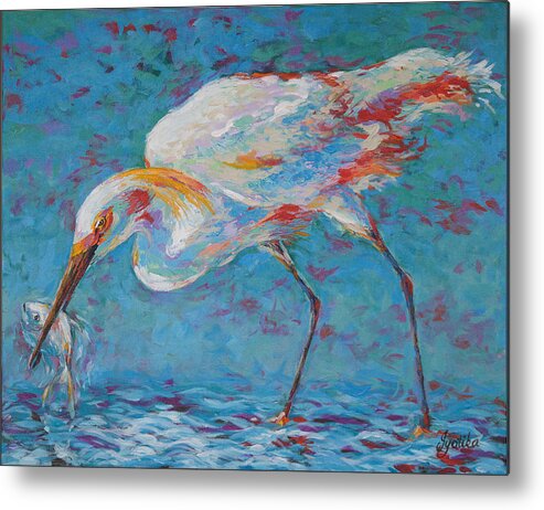 Bird Metal Print featuring the painting Snowy Egret's Prized Catch by Jyotika Shroff