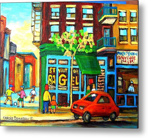 St Viateur Bagel Shop Montreal Street Scenes Metal Print featuring the painting Soccer Game At The Bagel Shop by Carole Spandau