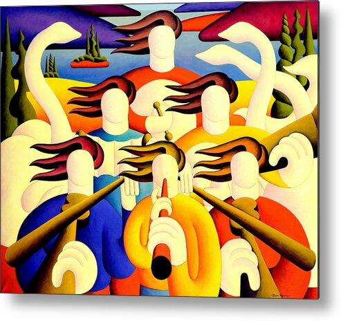 Trad Metal Print featuring the painting Soft musicians with swans in landscape by Alan Kenny