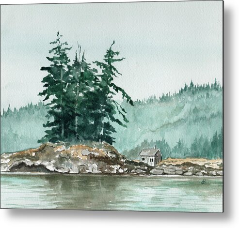 Landscape Watercolor Scenery Scenic Nature Wilderness Cabin Shack Trees Water Rural Metal Print featuring the painting Sometimes A Great Notion by Brenda Owen