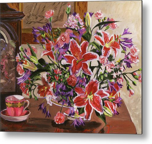 Still Life Metal Print featuring the painting Stargazer Lilies by David Lloyd Glover