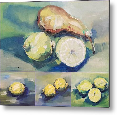 Lemon Metal Print featuring the painting Still with Lemon and Pear by Christel Roelandt