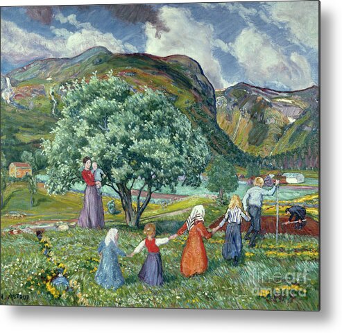 Landscape Metal Print featuring the painting Summer wind and playing children by Nikolai Astrup
