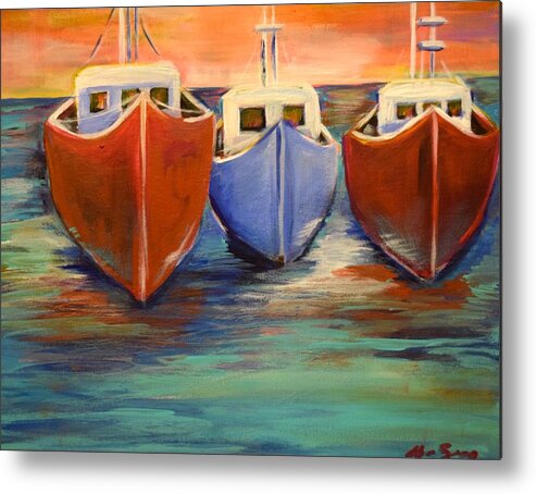 Boats Acrylic Paint Painting Nautical Fish Green Orange Yellow Blue White Three Boats Water Ocean Sea Home Decor Wall Art Wall Decor Pink Beach House Sail Away With Me Windows Bow Star Bird Port Fishing Shadow Race East Coast Docked Picture Art Boats Close Together Sand Vacation Sea Life Metal Print featuring the painting Sundown Fishing by Anne Seay