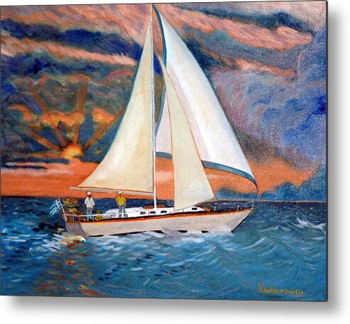 Yacht Metal Print featuring the painting Sunset and Yacht by Kostas Koutsoukanidis