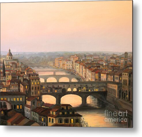 Ancient Metal Print featuring the painting Sunset over ponte Vecchio in Florence by Kiril Stanchev