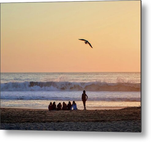 Ocean Waves Sunset Seagull People Sand Beach Metal Print featuring the photograph Sunset Watch by Wendell Ward