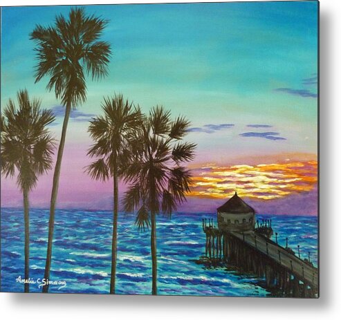 Surf City Sunset Metal Print featuring the painting Surf City Sunset by Amelie Simmons