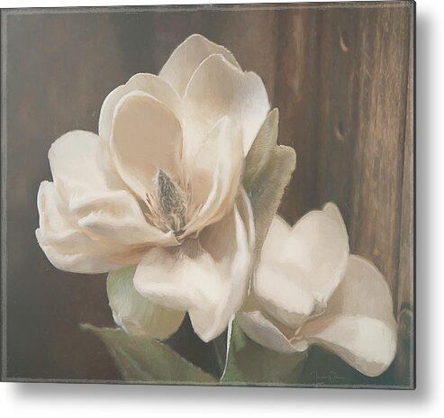 Sweet Magnolia Blossom By Tl Wilson Photography Is A Digital Painting Made From An Original Photograph Of A Magnolia Blossom Against A Rustic Background. Metal Print featuring the mixed media Sweet Magnolia Blossom by Teresa Wilson