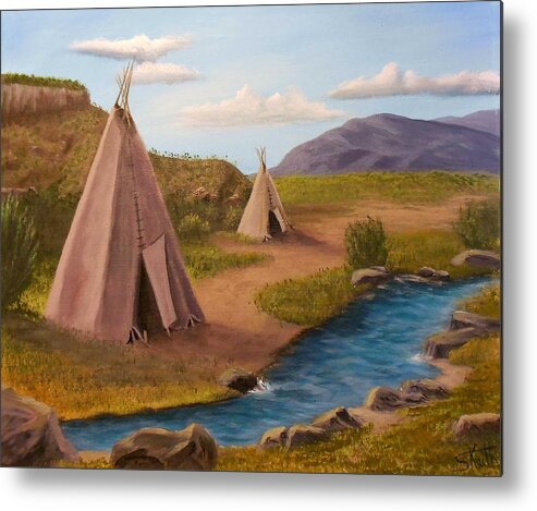 Teepee Metal Print featuring the painting Teepees on the Plains by Sheri Keith