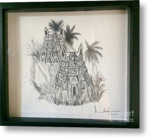 Temple Metal Print featuring the painting Temple in Calligraphy Ink by Brindha Naveen