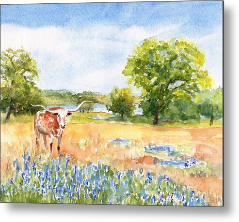Longhorn Metal Print featuring the painting Texas Longhorn and Bluebonnets by Carlin Blahnik CarlinArtWatercolor