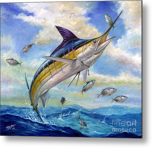 Blue Marlin Metal Print featuring the painting The Blue Marlin Leaping To Eat by Terry Fox