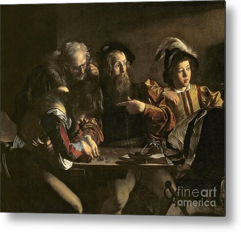 Chiaroscuro; Baroque; Interior; Table; Tax Collector; Saint; Apostle; Disciple; Pointing Metal Print featuring the painting The Calling of St. Matthew by Michelangelo Merisi da Caravaggio