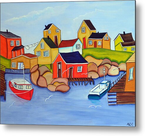 A Small Fishing Cove Sits On A Rocky Shore. Metal Print featuring the painting The Cove by Heather Lovat-Fraser