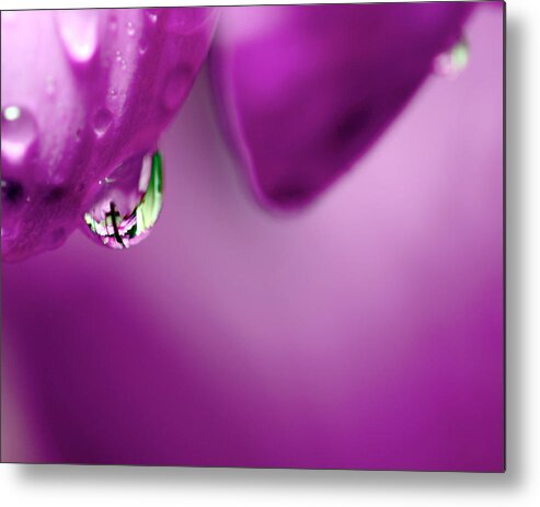 Cross Metal Print featuring the photograph The Cross in Reflective Purple Water Drop by Laura Mountainspring