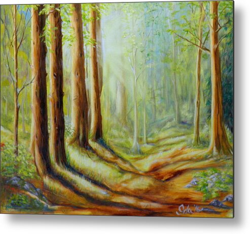 Trees Forest Trail Leaves Fir Branches Bushes Plants Moss Bark Rocks Dirt Grass Landscape Distance Light Sky Sunlight Shadow Dark Blue Green Violet Brown Yellow White Orange Grey Ochre Metal Print featuring the painting The Forest's Spell by Ida Eriksen