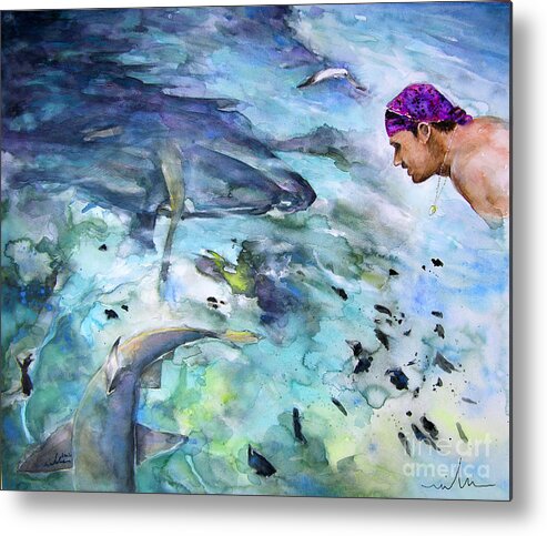 French Polynesia Metal Print featuring the painting The Man and The Sharks by Miki De Goodaboom