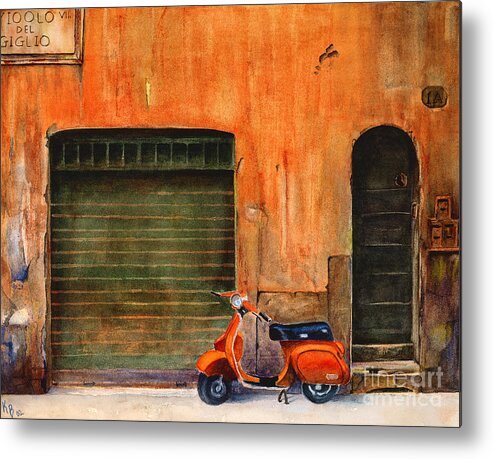 Vespa Metal Print featuring the painting The Orange Vespa by Karen Fleschler