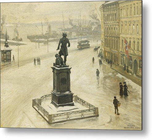 The Statue Of Tordenskiold Facing Piperviken Metal Print featuring the painting The Statue of Tordenskiold Facing Piperviken by Paul Fischer