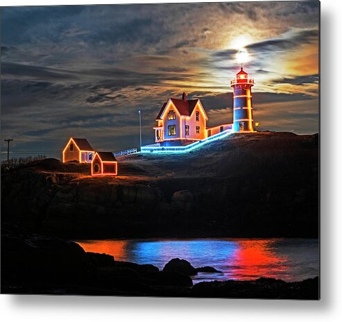 Nubble Metal Print featuring the photograph The supermoon rising over the Nubble Lighthouse York Maine Reflection by Toby McGuire