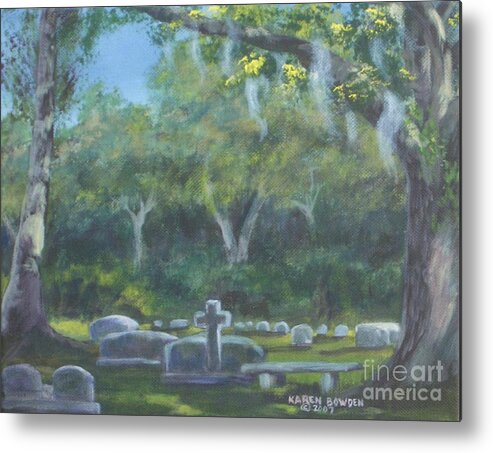 Landscape Cemetary Ghost Tree Florida Orlando Greenwood Metal Print featuring the painting The Visitor 75usd by Karen Bowden