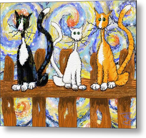 Cats Metal Print featuring the digital art Three cats on a fence by Debra Baldwin